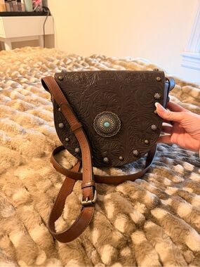 Shyanne Brown Tooled Leather Crossbody with Turquoise Concho